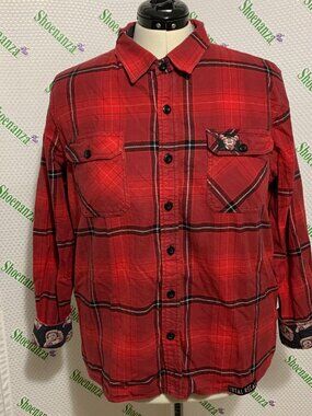 Middle Of Beyond Flannel Shirt Total Recall Plaid Long Sleeve MOB Red Mens XL